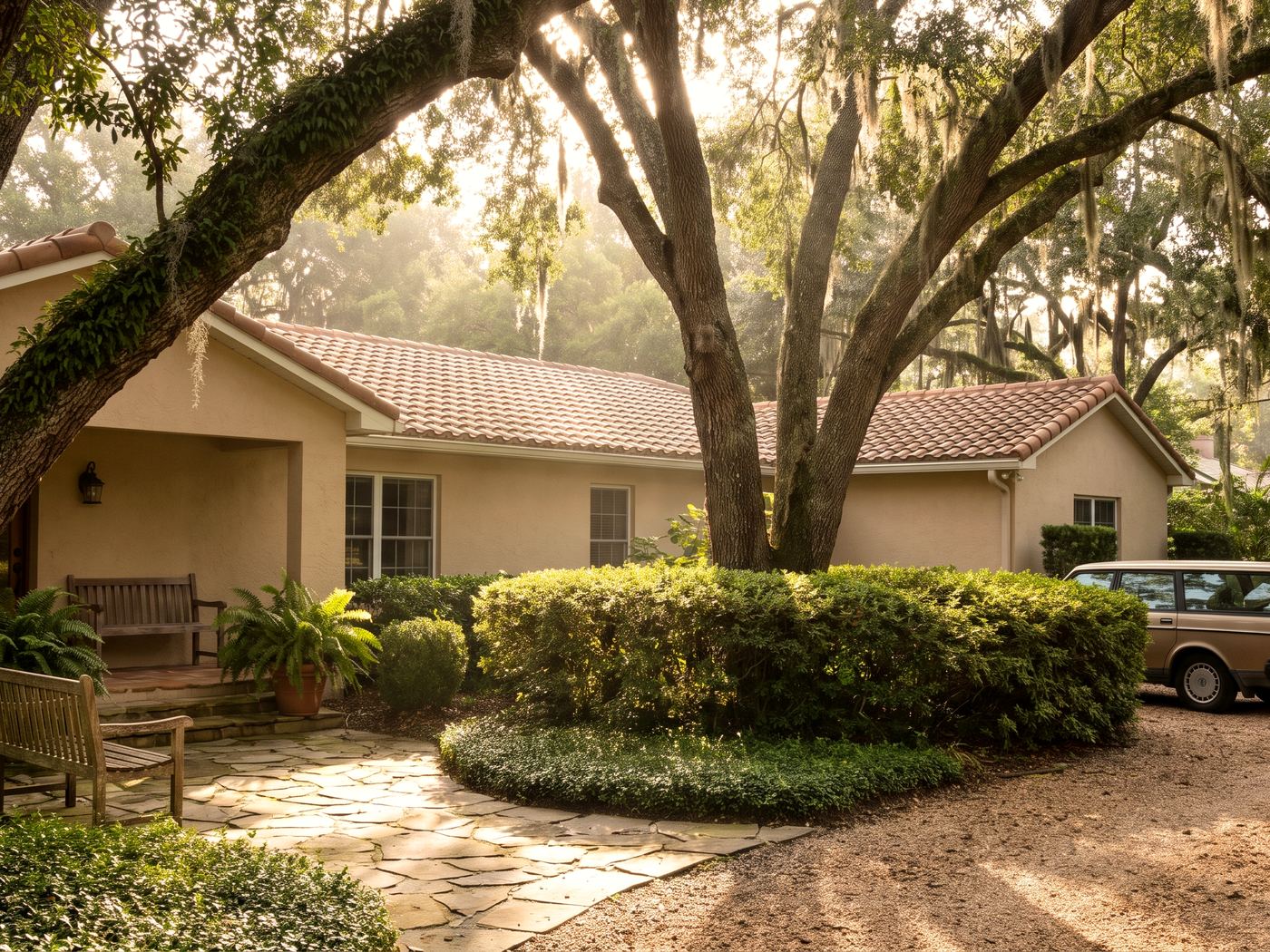 Live oaks draped with Spanish moss shading a South Carolina home on a quiet morning