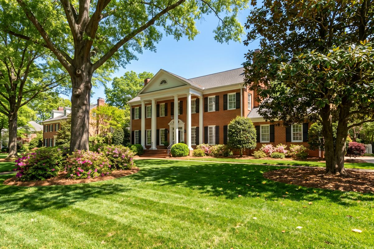 A brick South Carolina home with white columns and azaleas beneath mature oaks