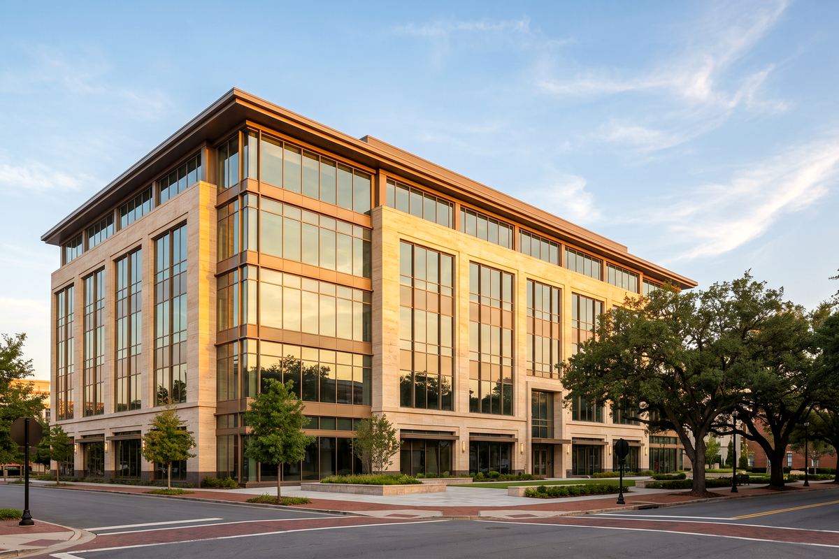 A stone and glass commercial office building on a South Carolina corner at golden hour, framed by mature oaks