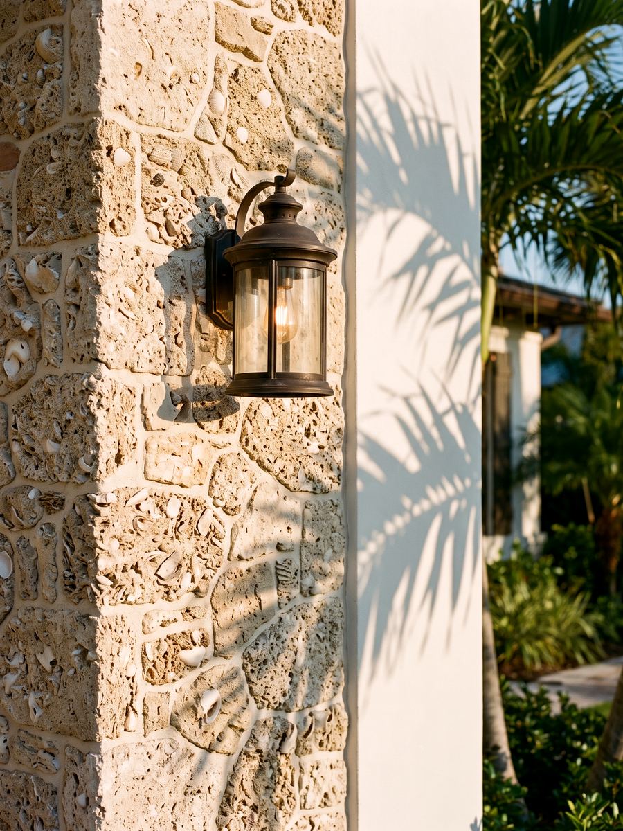 A bronze lantern on a shell-stone wall with the shadow of a palmetto frond falling across white stucco