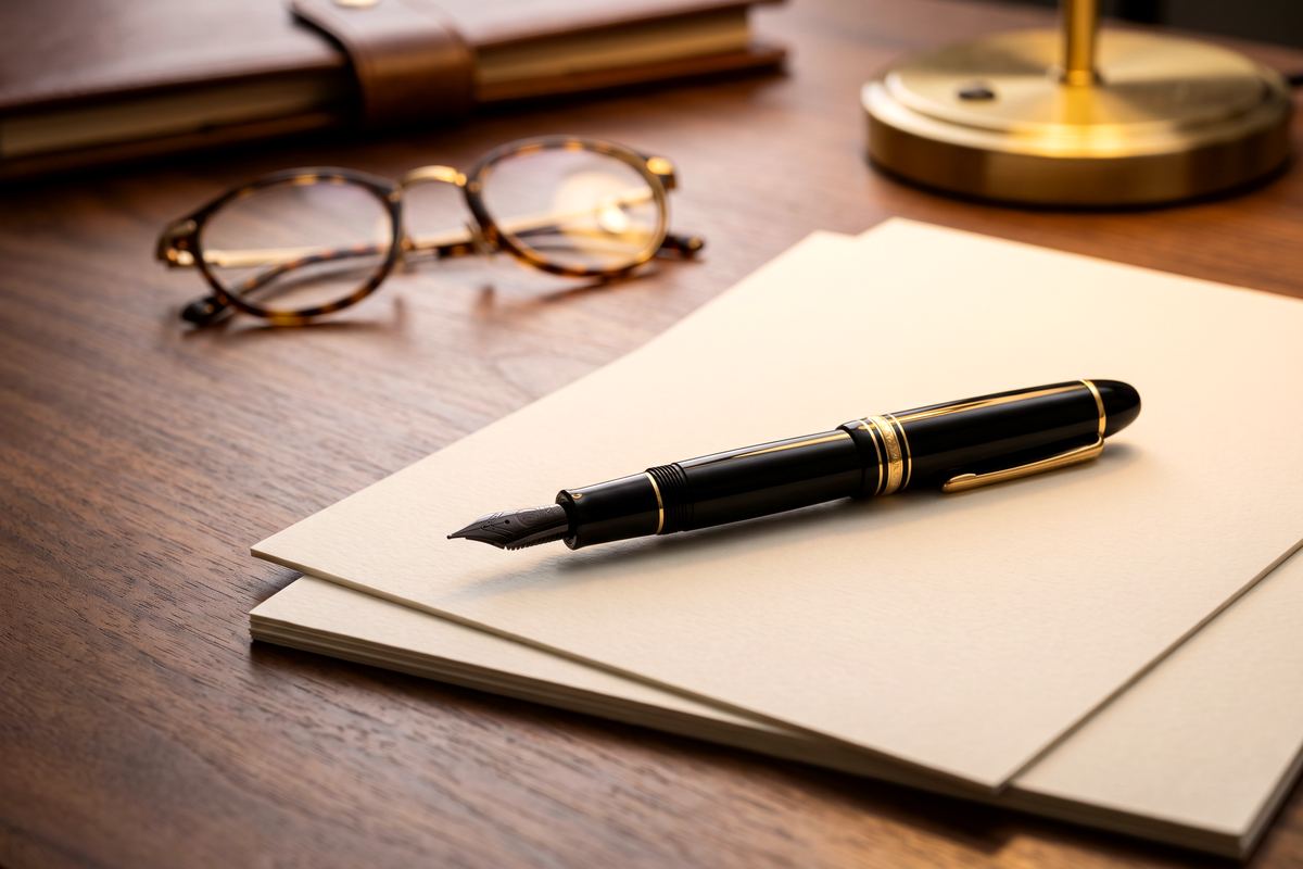 A fountain pen resting on cream paper beside reading glasses and a brass desk lamp