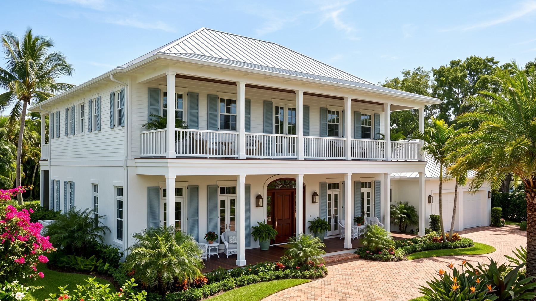 A white South Carolina Lowcountry home with double porches, a standing seam metal roof and a brick paver drive