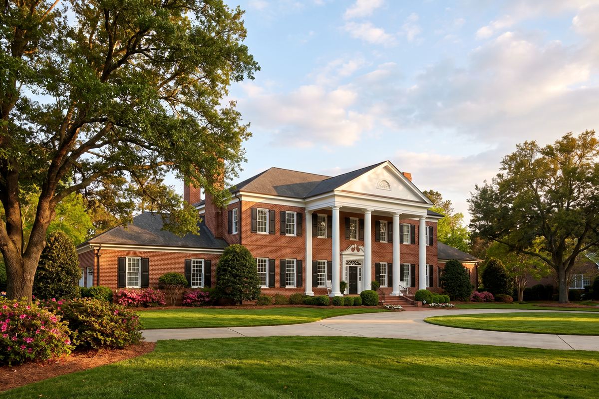 A brick South Carolina home with white columns, azaleas in bloom and mature oaks along a circular drive