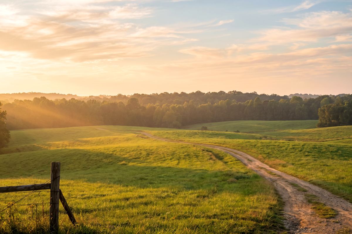 Rolling Upstate South Carolina pasture at sunrise with a split-rail fence and a dirt track running toward the treeline