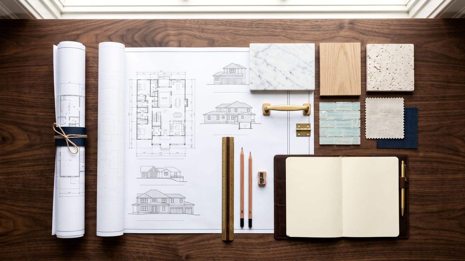 Architectural drawings laid out on a walnut table with stone, wood and tile samples