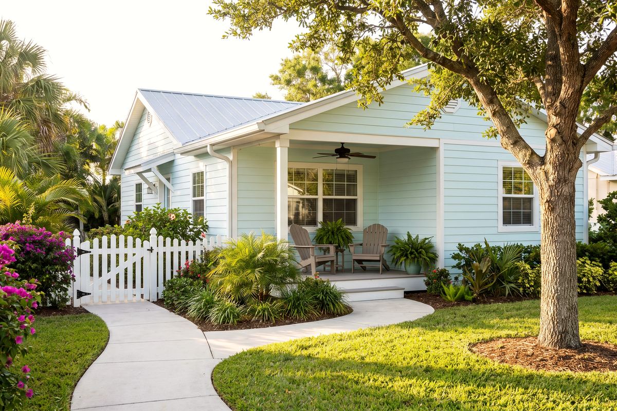 A pale blue South Carolina cottage with a metal roof, white picket fence and flowering shrubs along the front walk